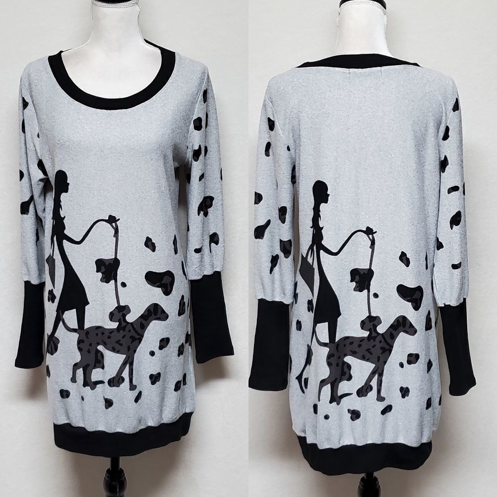 ALLEGRA-K Walking Dalmatian Gray Black Scoop Neck Long Sleeve Sweater Dress L